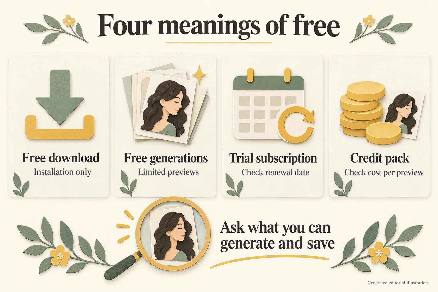 Four payment-model cards explaining free download, free generations, trial subscriptions, and credit packs