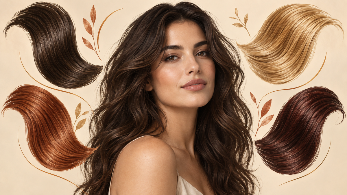 A woman comparing espresso brunette, honey blonde, copper, and cherry hair colors