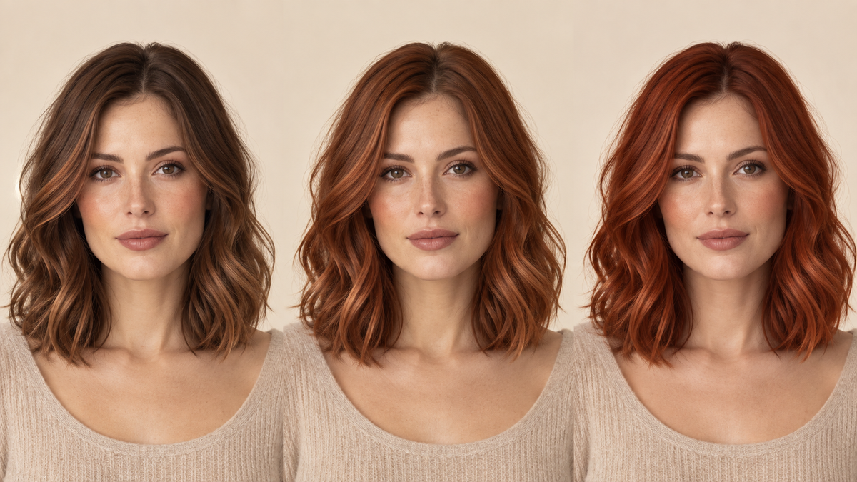 The same person shown with natural brown, subtle copper, and bold copper-red intensity levels