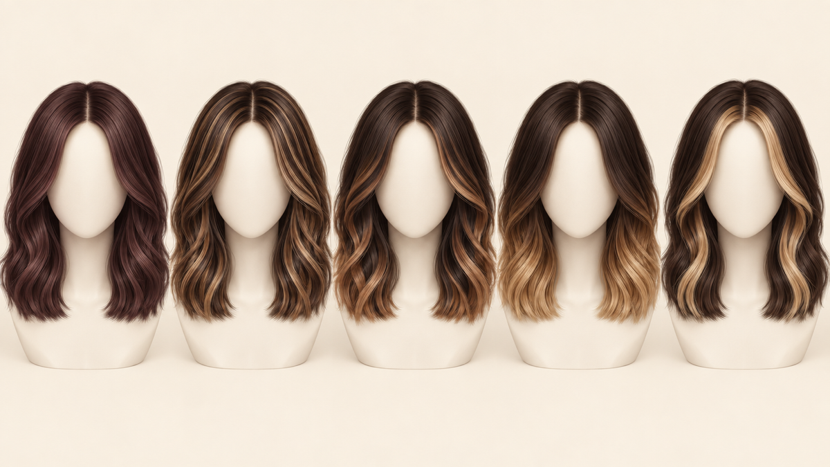 Five hair-color placement techniques shown on the same shoulder-length style