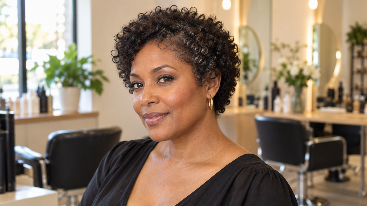 Woman with low-density curly hair wearing a softly rounded short crop