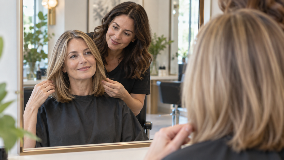 Woman discussing a gentle shoulder-length haircut with a stylist in a salon mirror