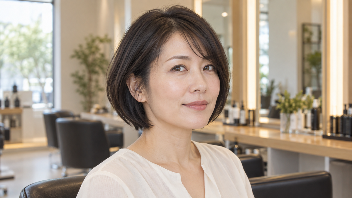 Woman with fine black hair wearing a chin-length bob and light side-swept fringe