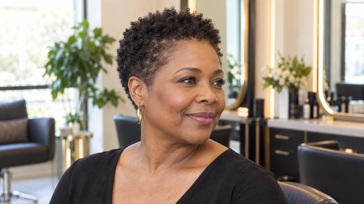 Woman with low-density coily hair wearing a softly tapered cut