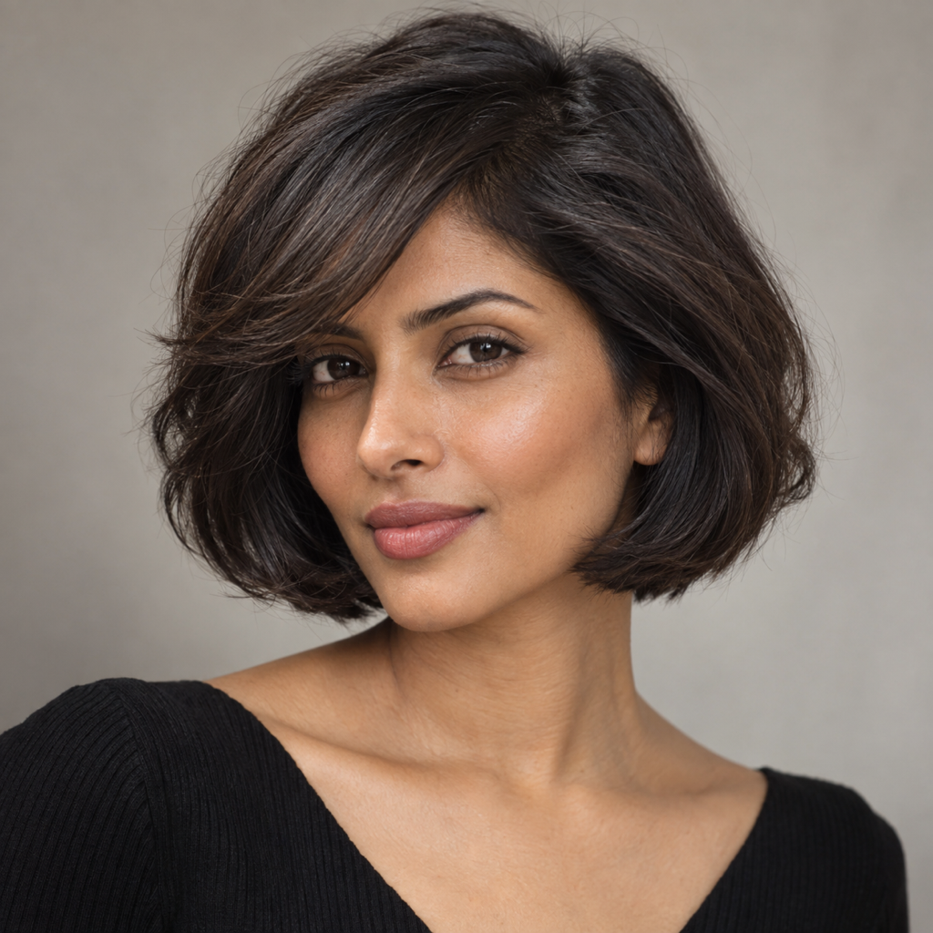 Woman with a diamond face wearing a softly layered chin-length bob and side-swept fringe