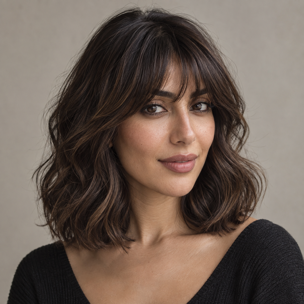 Woman with an oblong face wearing soft fringe and a shoulder-length wavy cut