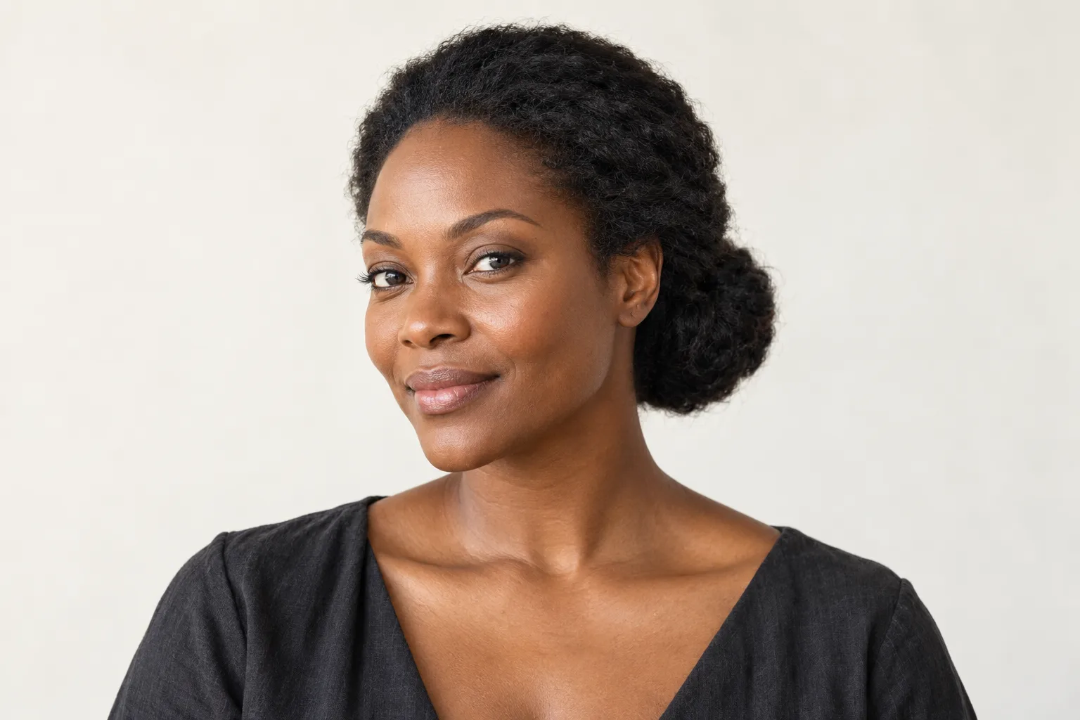 Generated loose swept-back low bun leaving the forehead and cheekbones visible