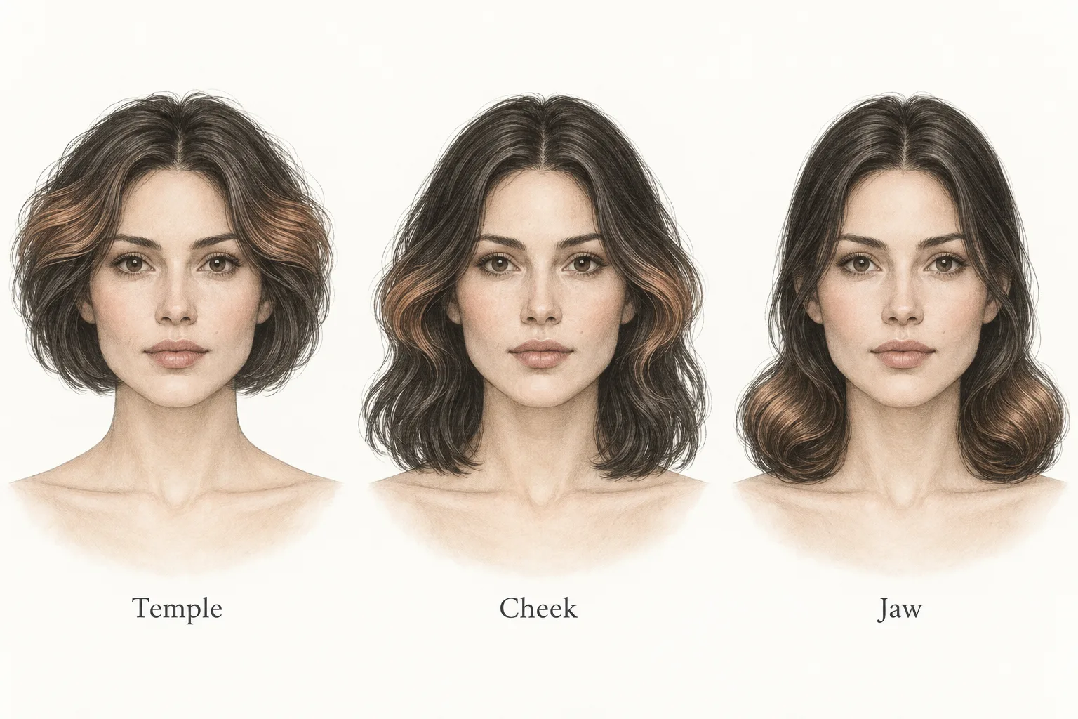 Conceptual comparison of temple, cheek and jaw-level hair volume without ranking the choices