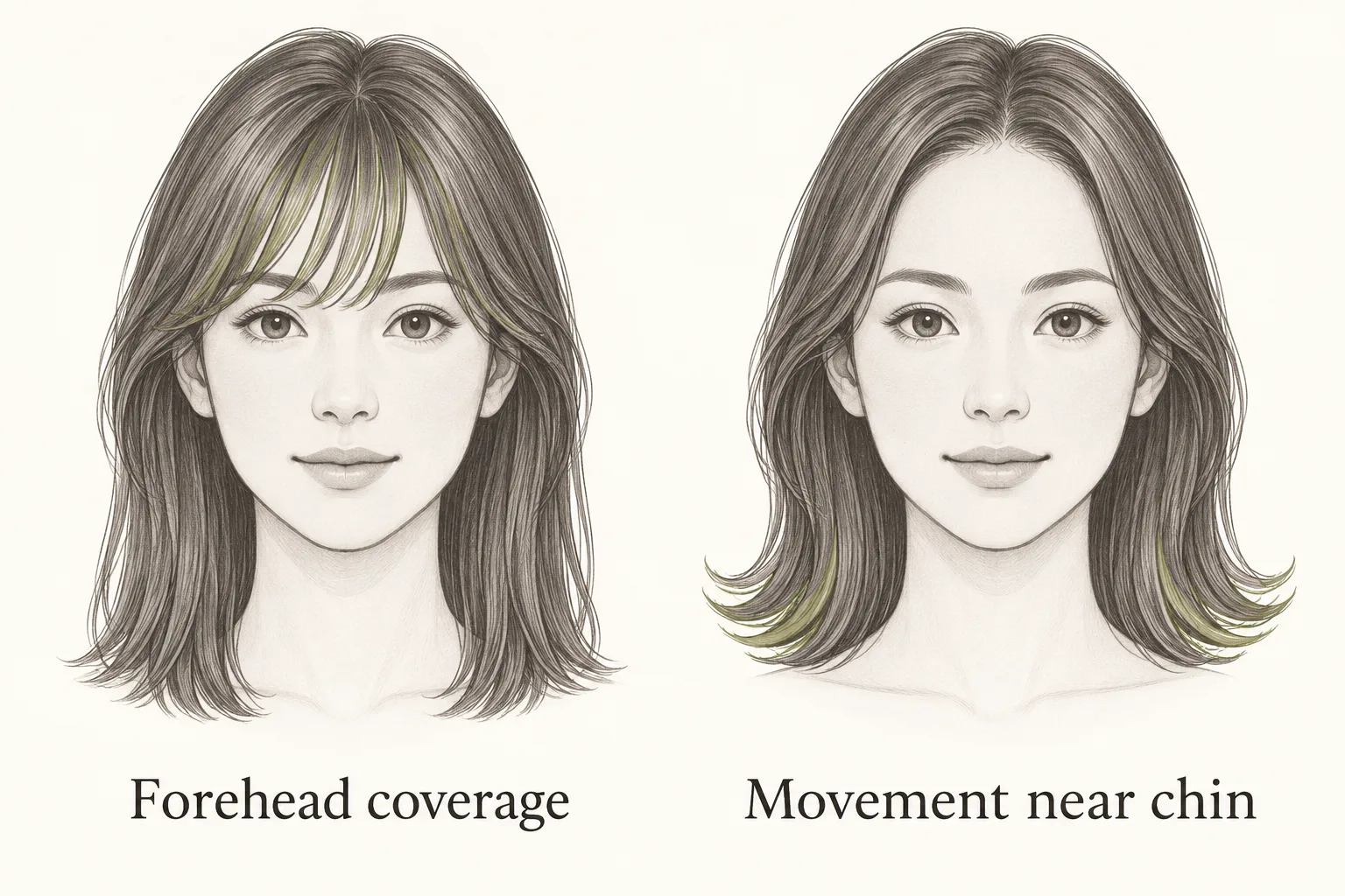 Conceptual comparison of partial forehead coverage with an open forehead and movement near the chin, keeping the same face outline