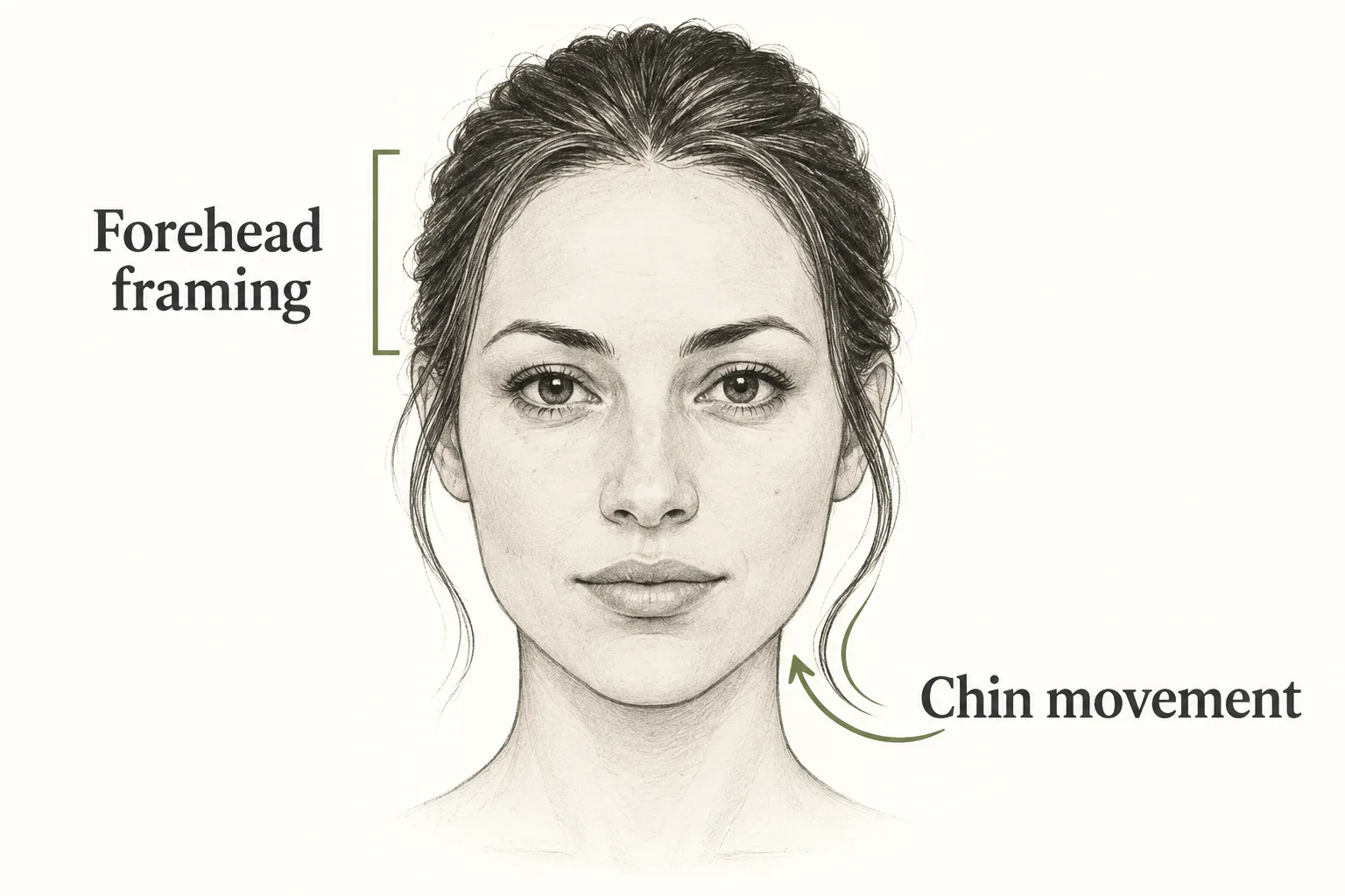 Conceptual head diagram identifying forehead framing and movement beside the chin without measurements or scores