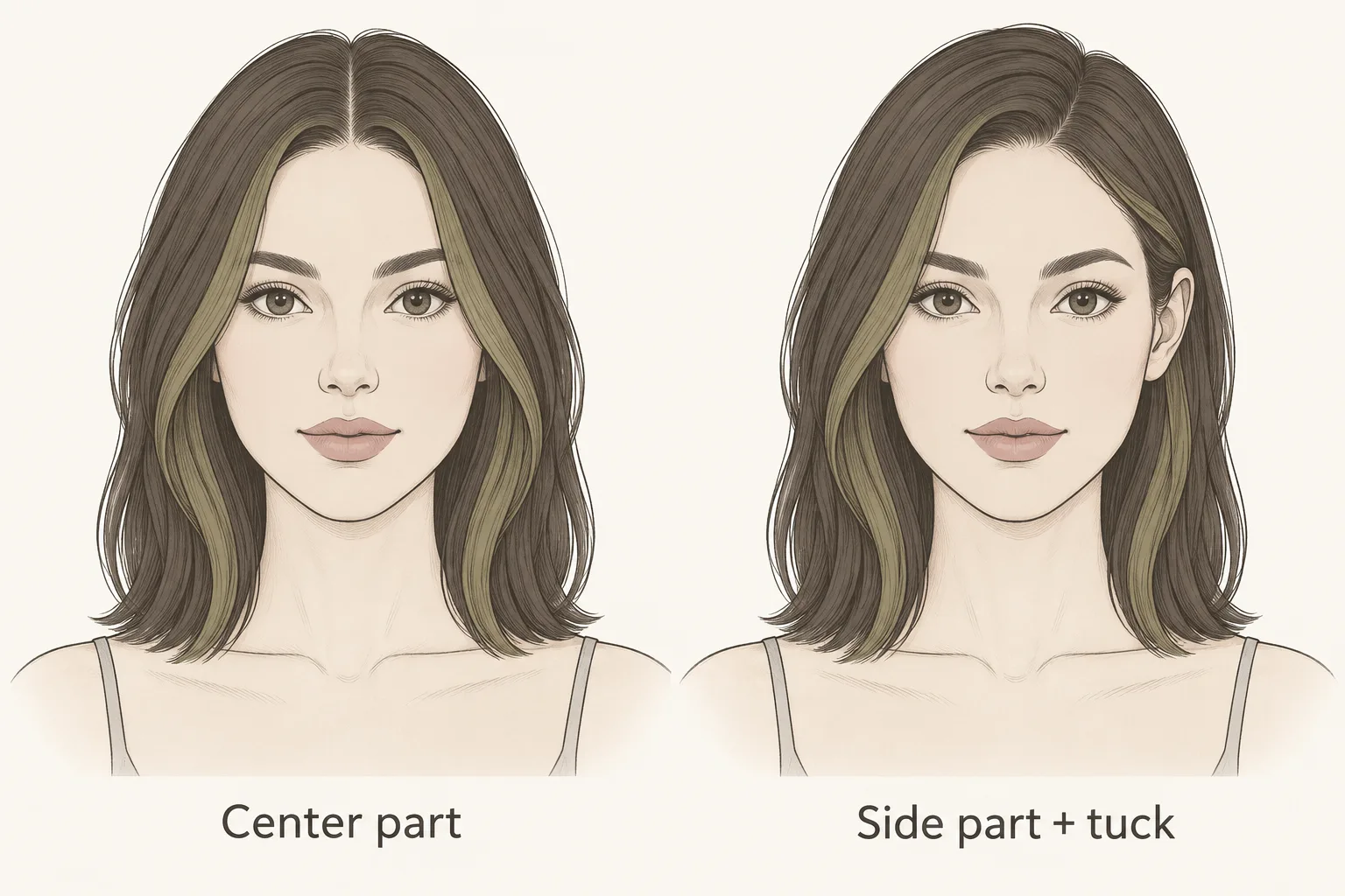 Conceptual comparison of a center part with loose front pieces and a side part with one front piece tucked behind an ear