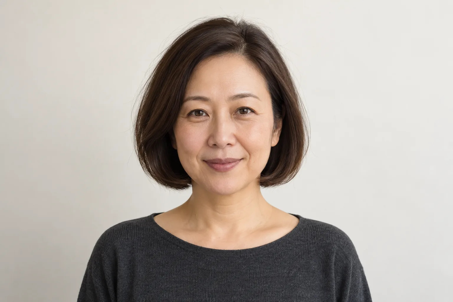 Original adult woman wearing a chin-length dark bob with a soft perimeter and slight bends beside the chin
