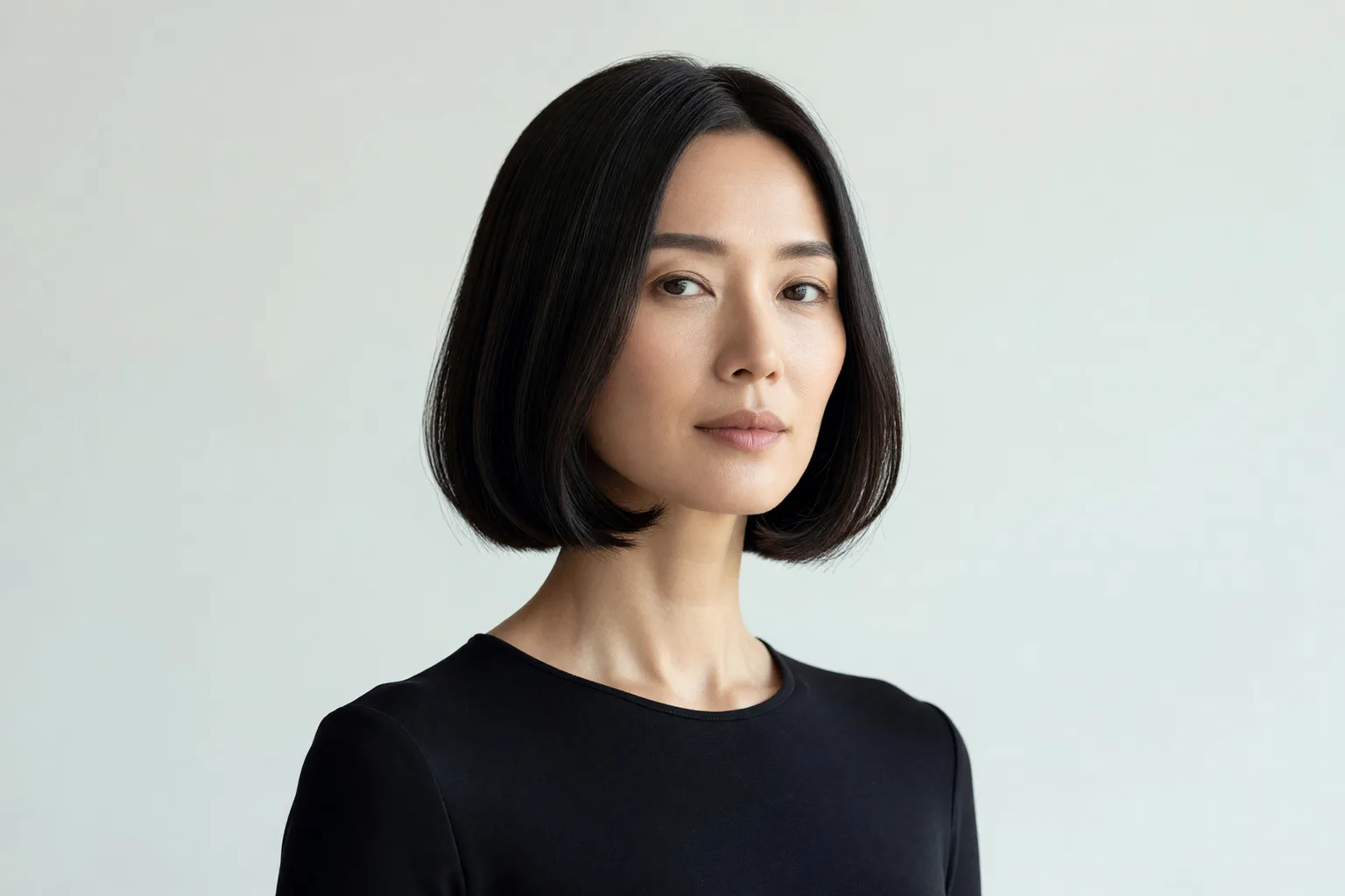 Adult East Asian woman with a straight dark chin-length bob that has soft rounded fullness at the sides near her cheeks