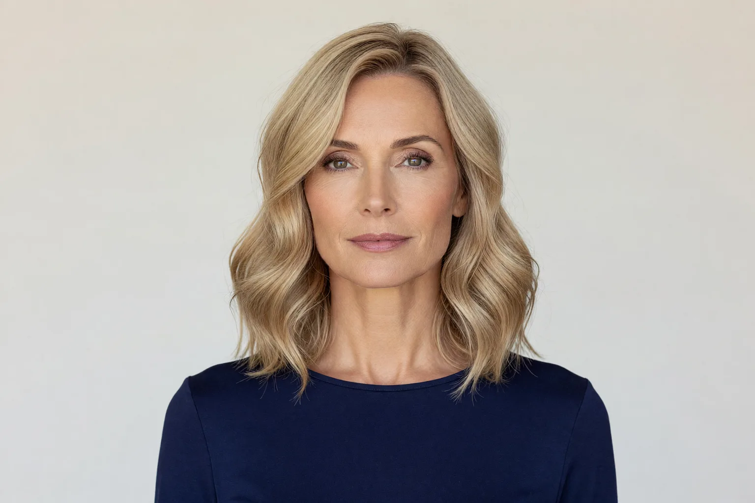 Adult woman in her fifties with ash blonde collarbone-length hair and loose waves that begin around cheekbone level
