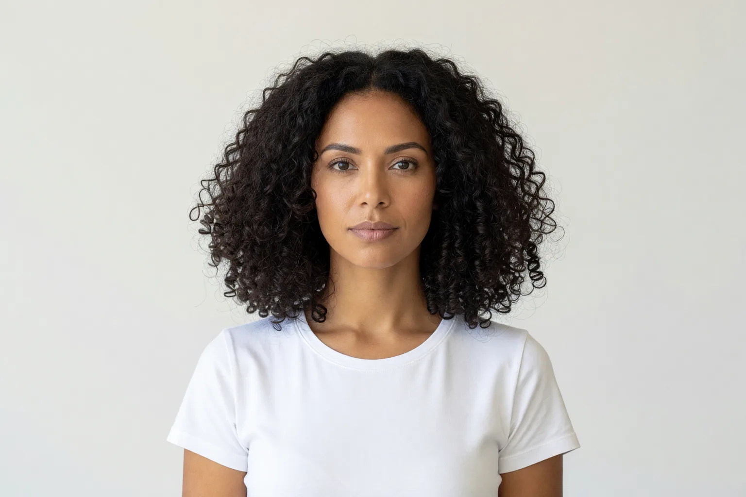 Adult Latina woman with dense dark natural curls cut in a rounded chin-to-shoulder shape that is wider at the sides than on top