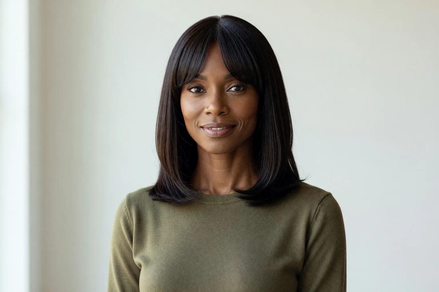 Adult Black woman with shoulder-length relaxed hair and curtain bangs parted at the center and sweeping toward her cheekbones