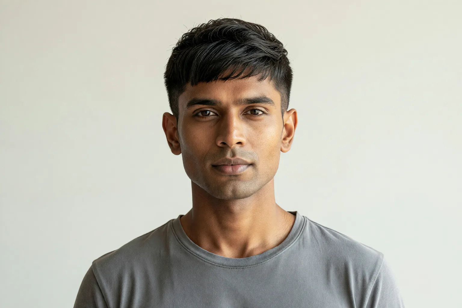 Adult South Asian man with a textured crop, a short forward fringe and medium-length sides that are not skin faded