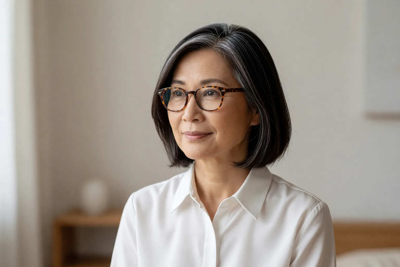 Woman around 55 wearing tortoiseshell glasses, with a jaw-length side-parted cut in dark hair with gray streaks