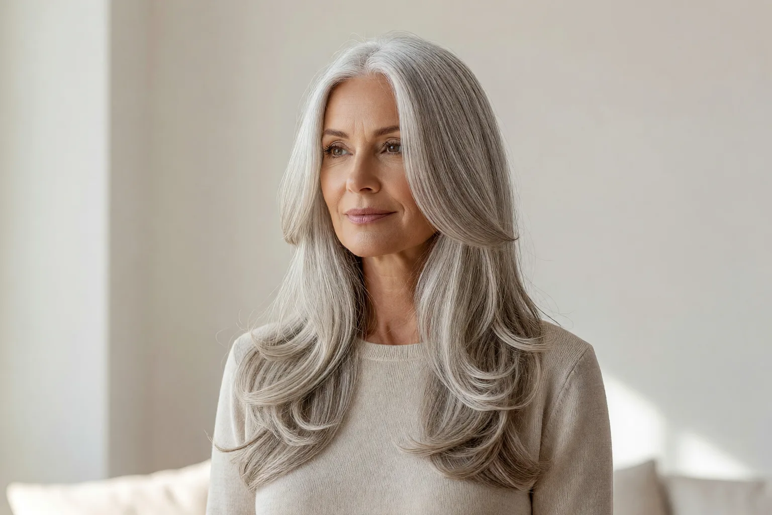 Woman around 60 with long natural silver gray hair in soft loose waves with long layers