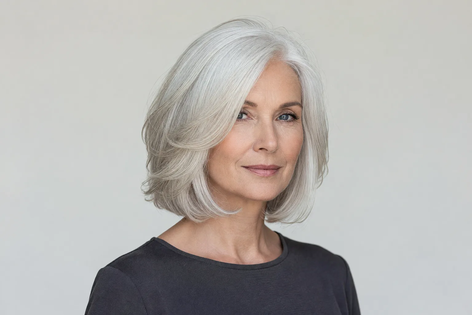 Woman in her early 60s with a soft layered chin-to-jaw bob in natural silver white hair