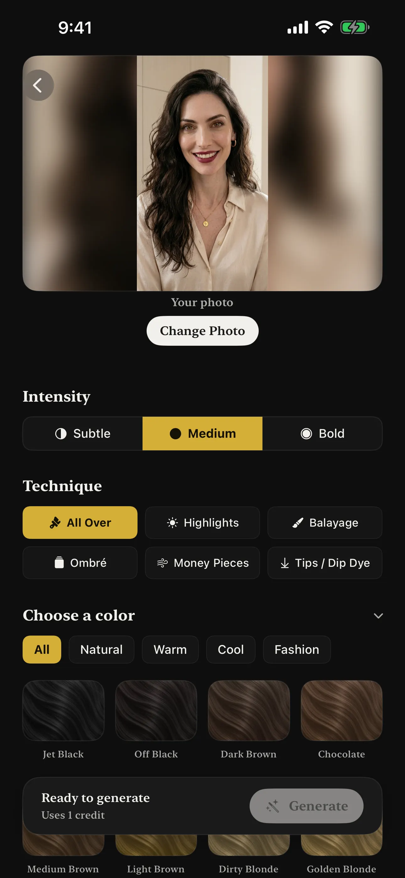 Naee hair color preview with technique and intensity options