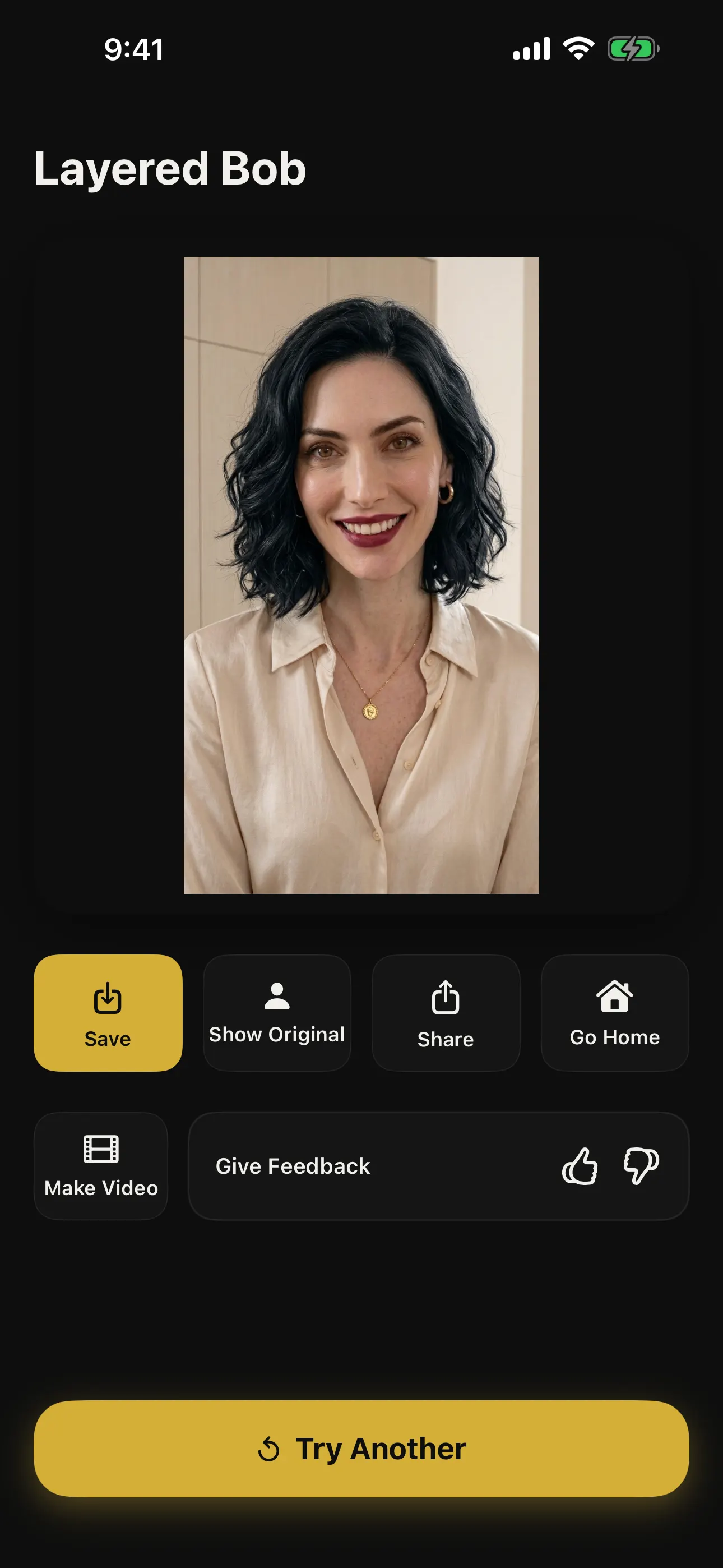 AI-generated layered bob preview on a selfie in Naee