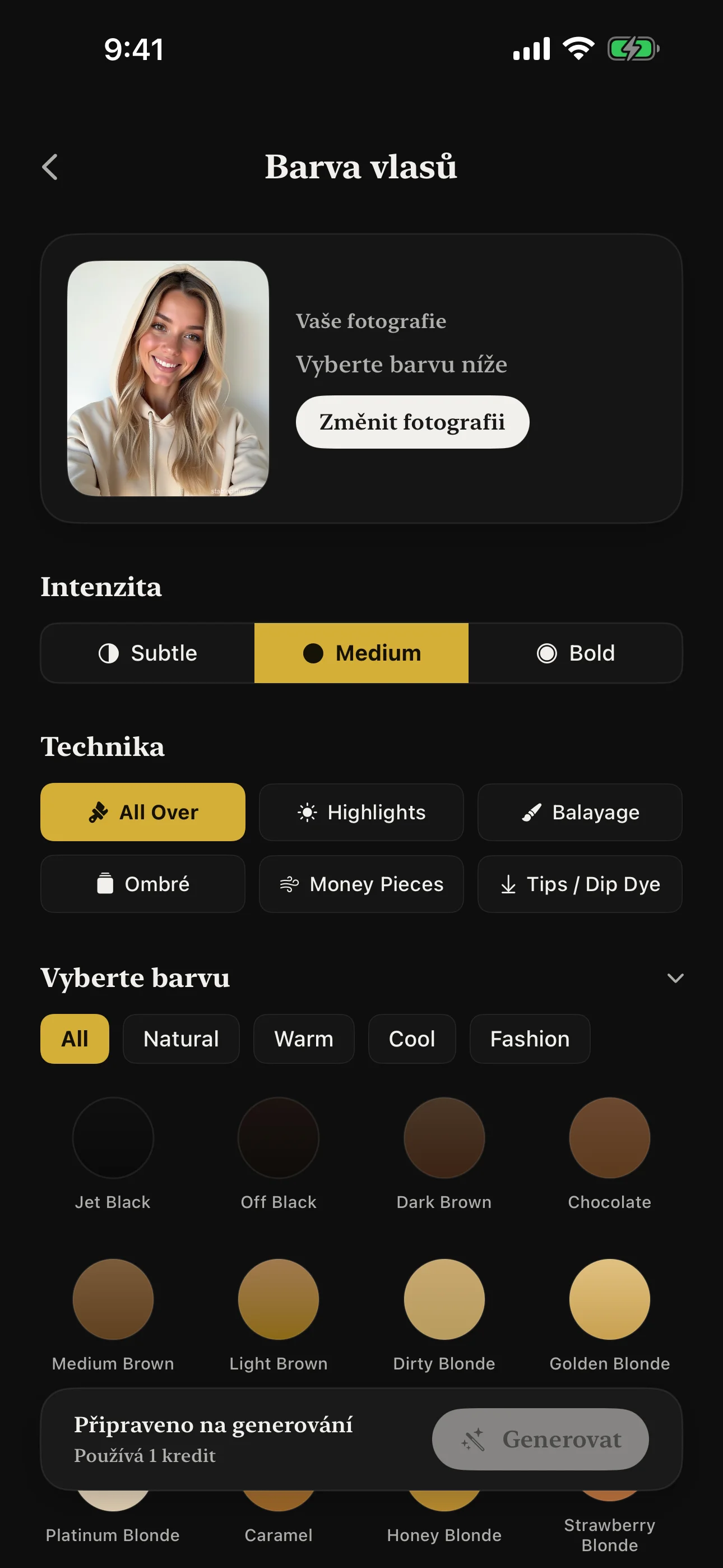 Změna barvy vlasů s více technikami a ovládáním intenzity