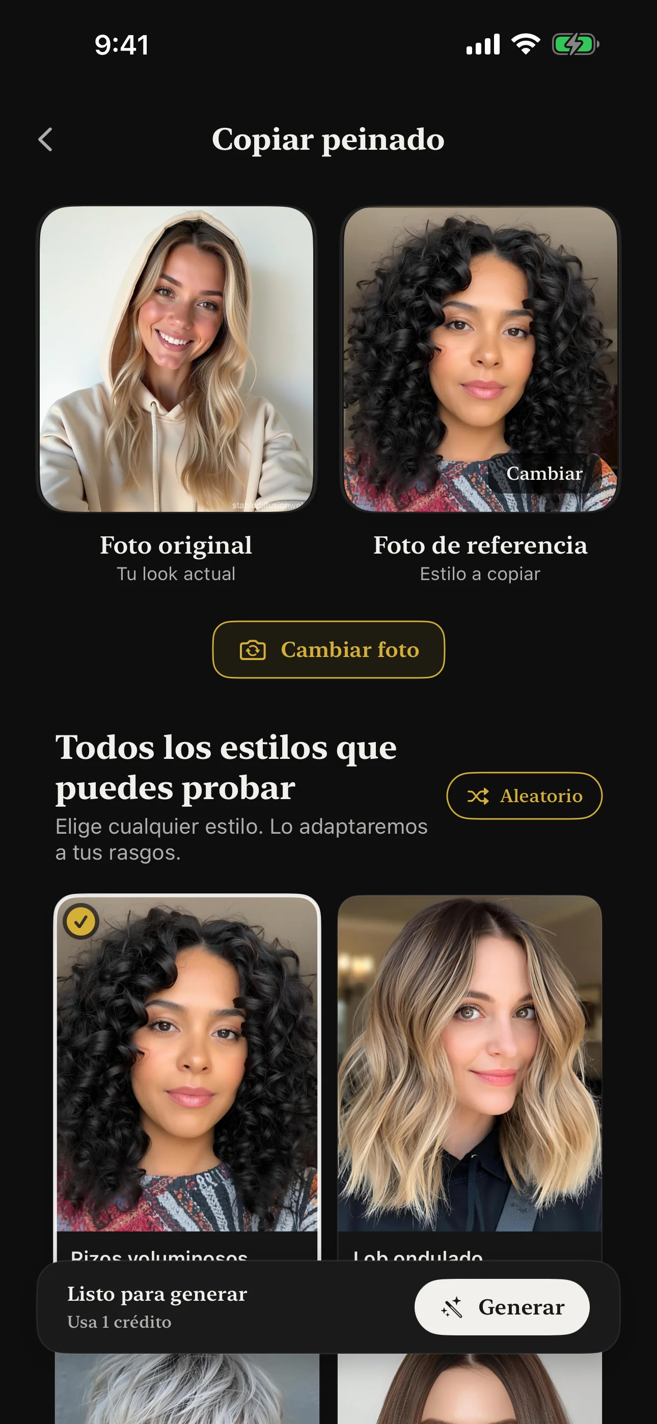 Función de copiar peinado mostrando foto de referencia y resultado adaptado por IA