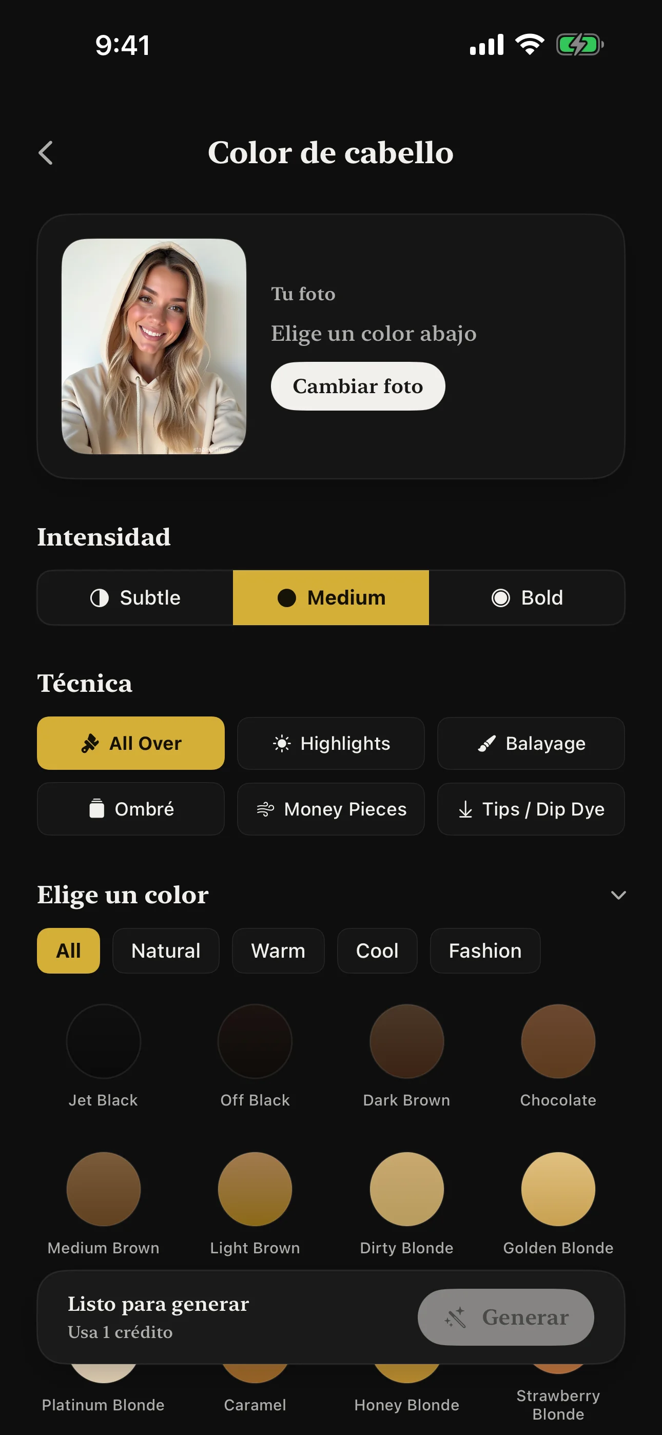Cambiador de color de pelo con múltiples técnicas y controles de intensidad