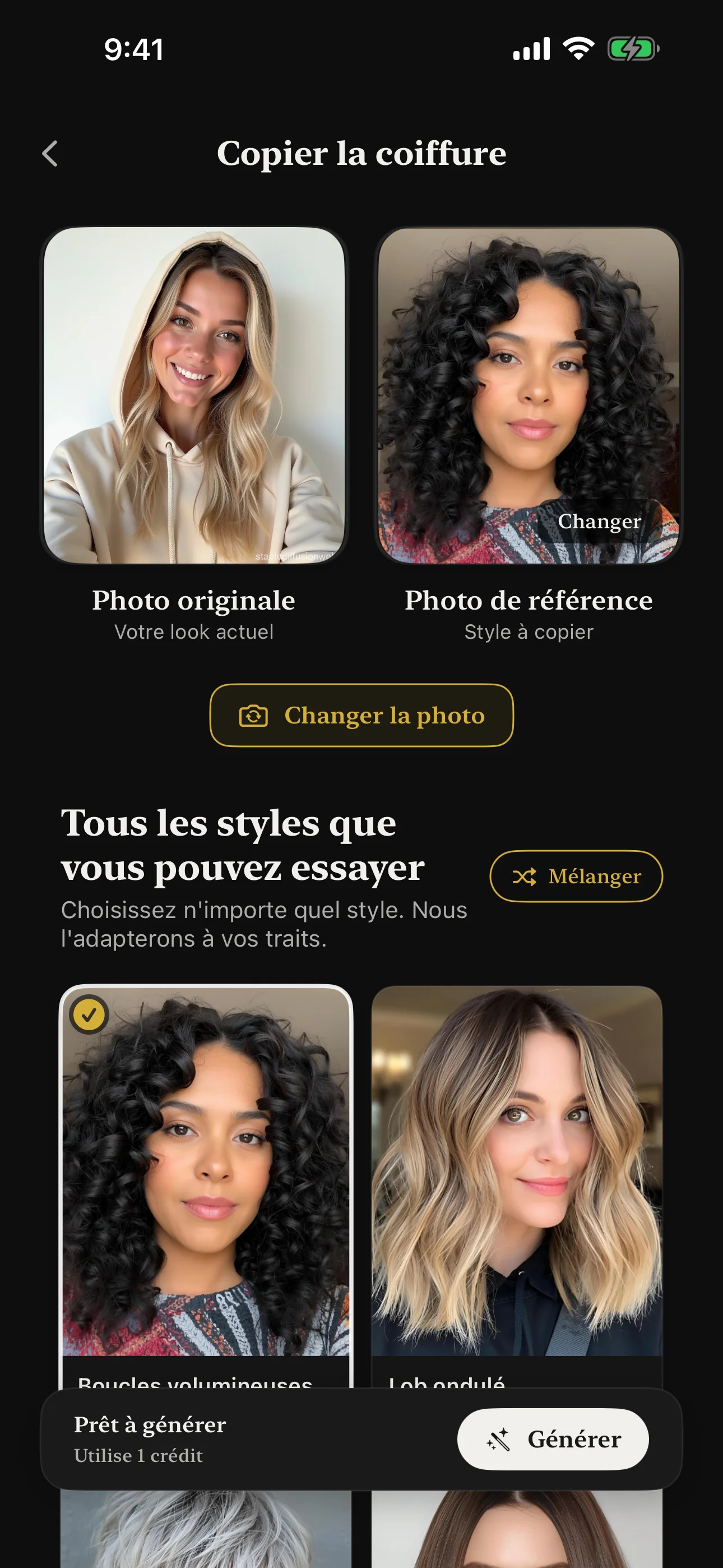 Fonction de copie de coiffure montrant la photo de référence et le résultat adapté par l'IA