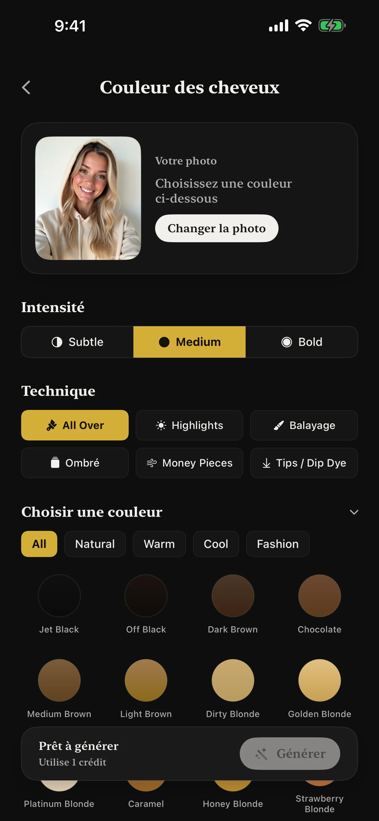 Changeur de couleur de cheveux avec multiples techniques et contrôles d'intensité