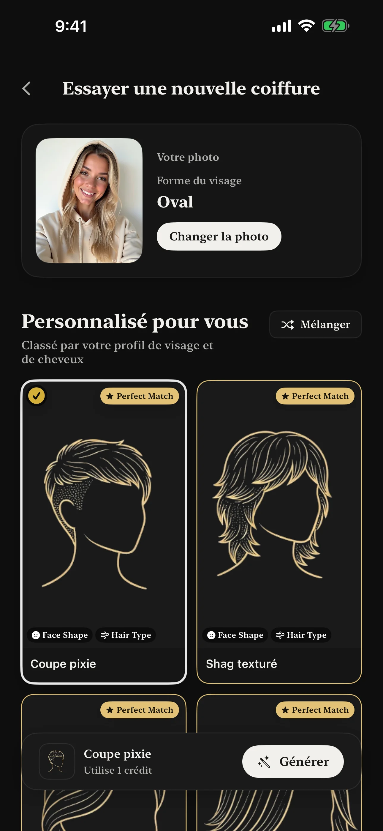Essai de coiffure IA montrant des suggestions personnalisées basées sur l'analyse de la forme du visage