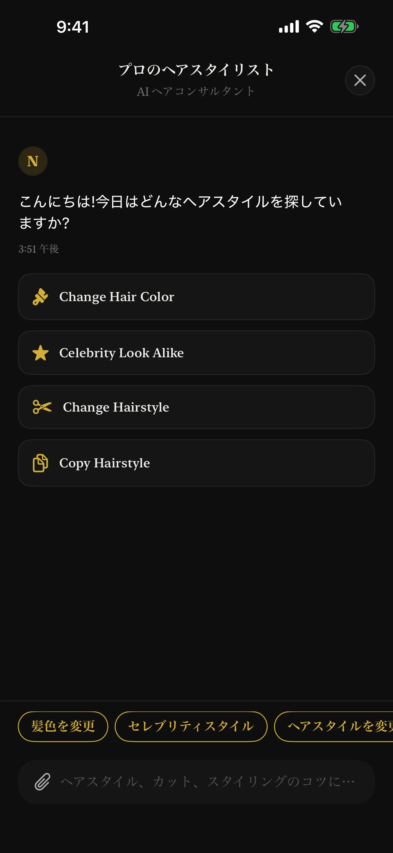 パーソナライズされたスタイリングアドバイスのためのAIヘアコンサルタントチャット画面