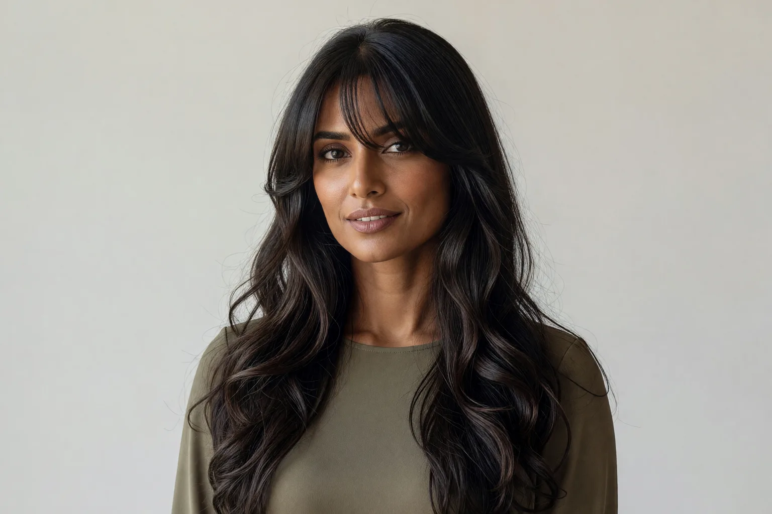 Generated portrait of a woman with long wavy layers and parted curtain bangs
