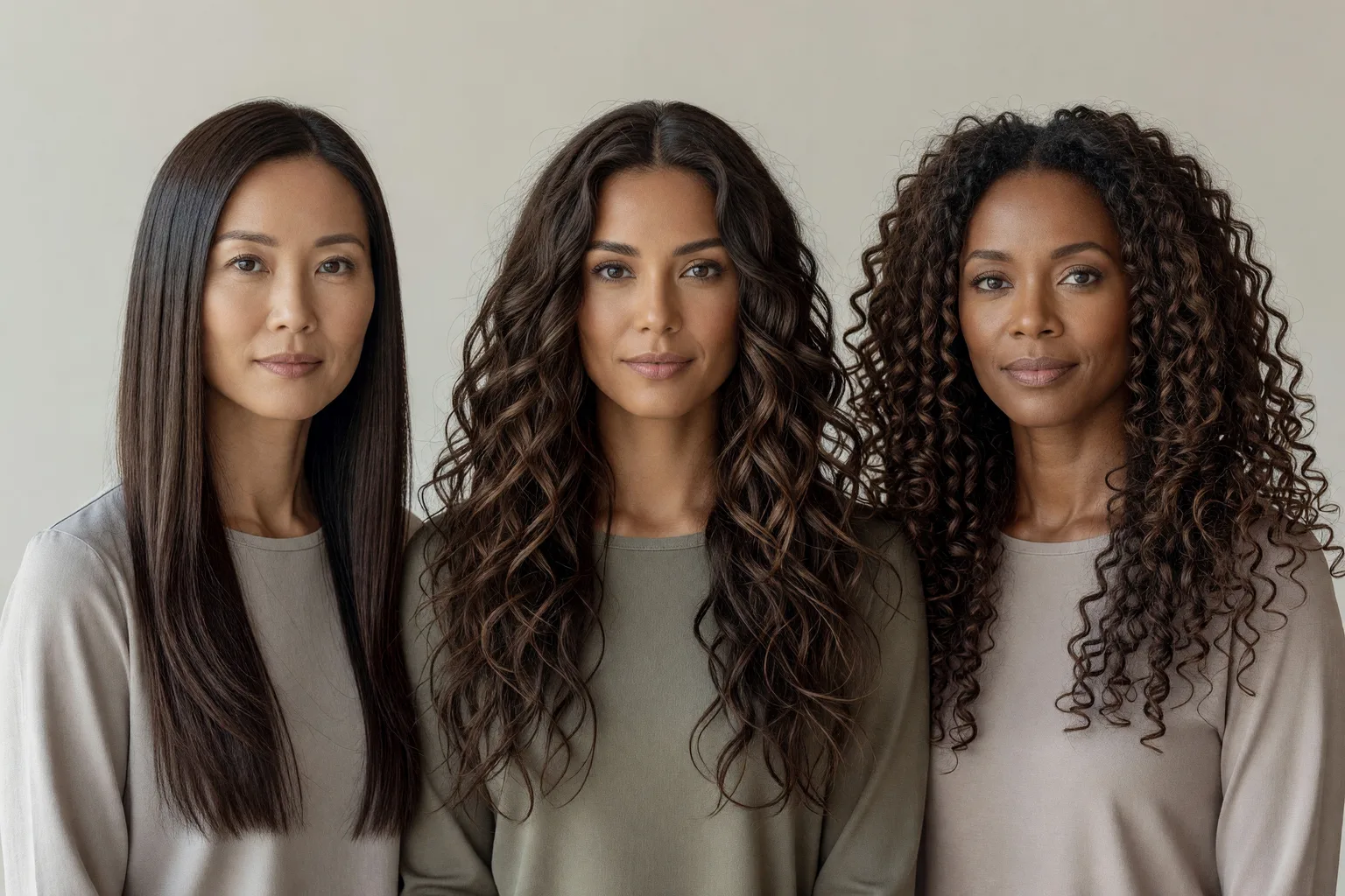 Generated portrait of three women with long layered hair in fine straight, thick wavy and curly textures