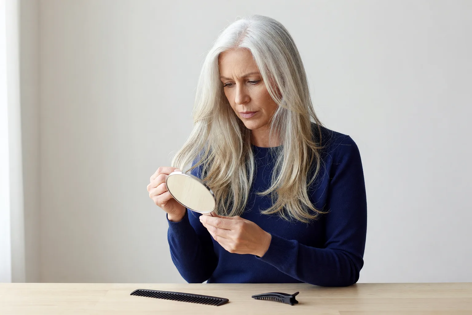 Generated photo of a woman with long silver-blonde layered hair checking her ends in a hand mirror