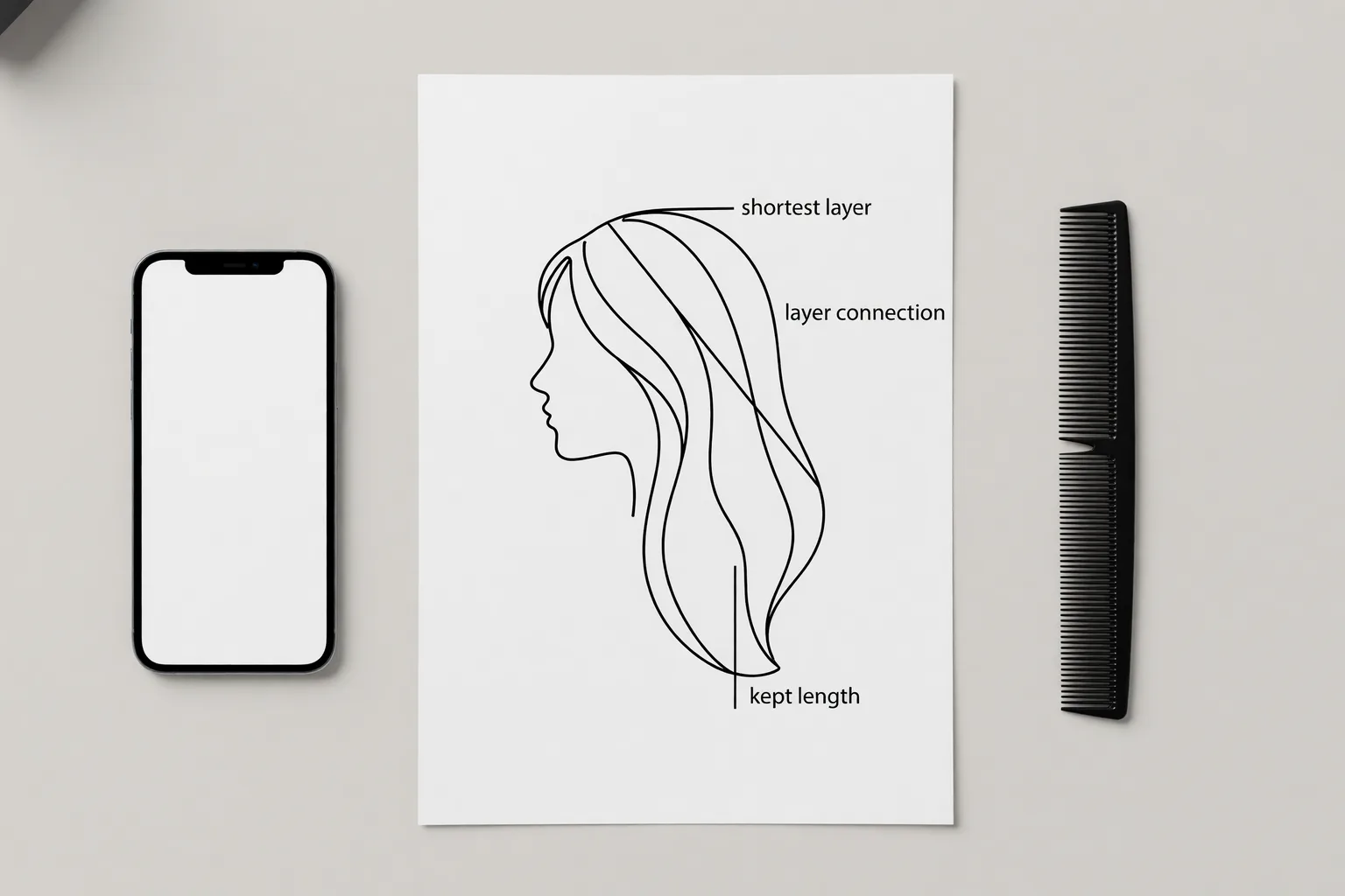 Generated minimal worksheet showing shortest layer, layer connection and kept length on a head outline