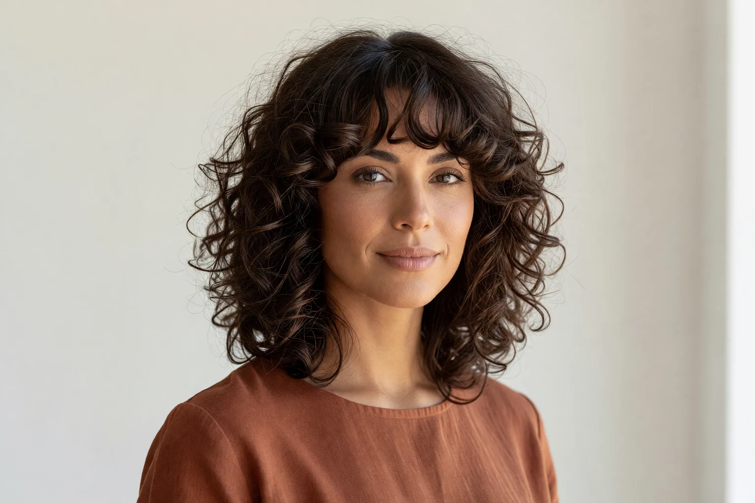 Generated portrait of a woman in her late 30s with a curly shag of defined curls and a curly fringe