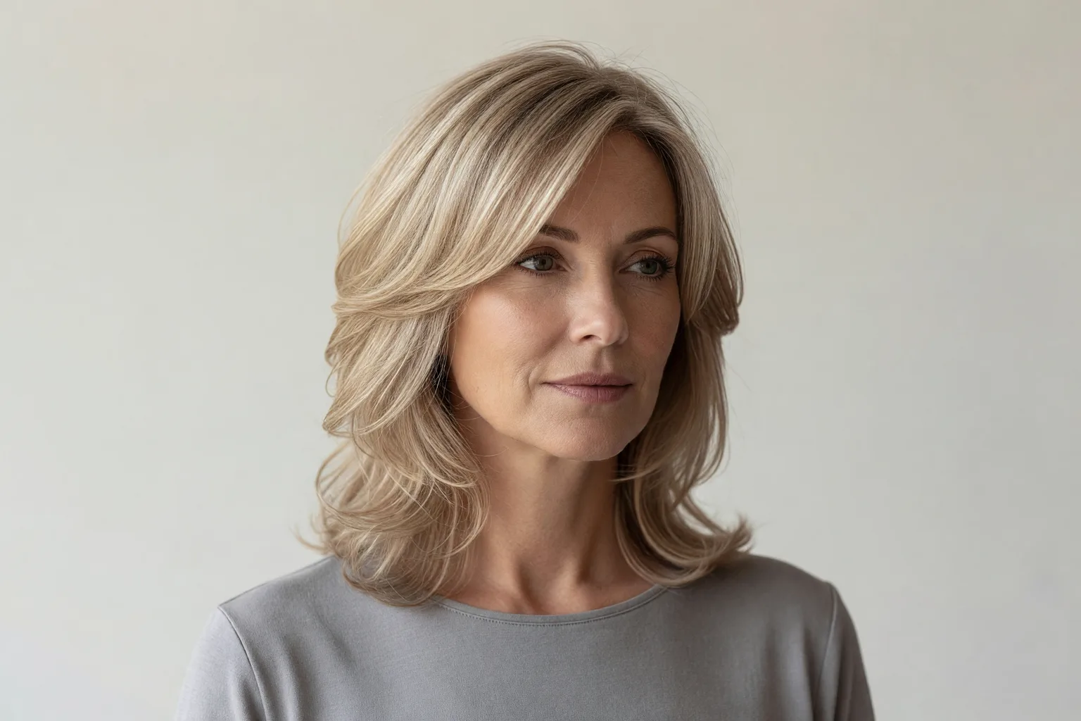Generated portrait of a woman in her mid 50s with a soft shag on fine ash-blonde hair and a fuller-looking collarbone perimeter
