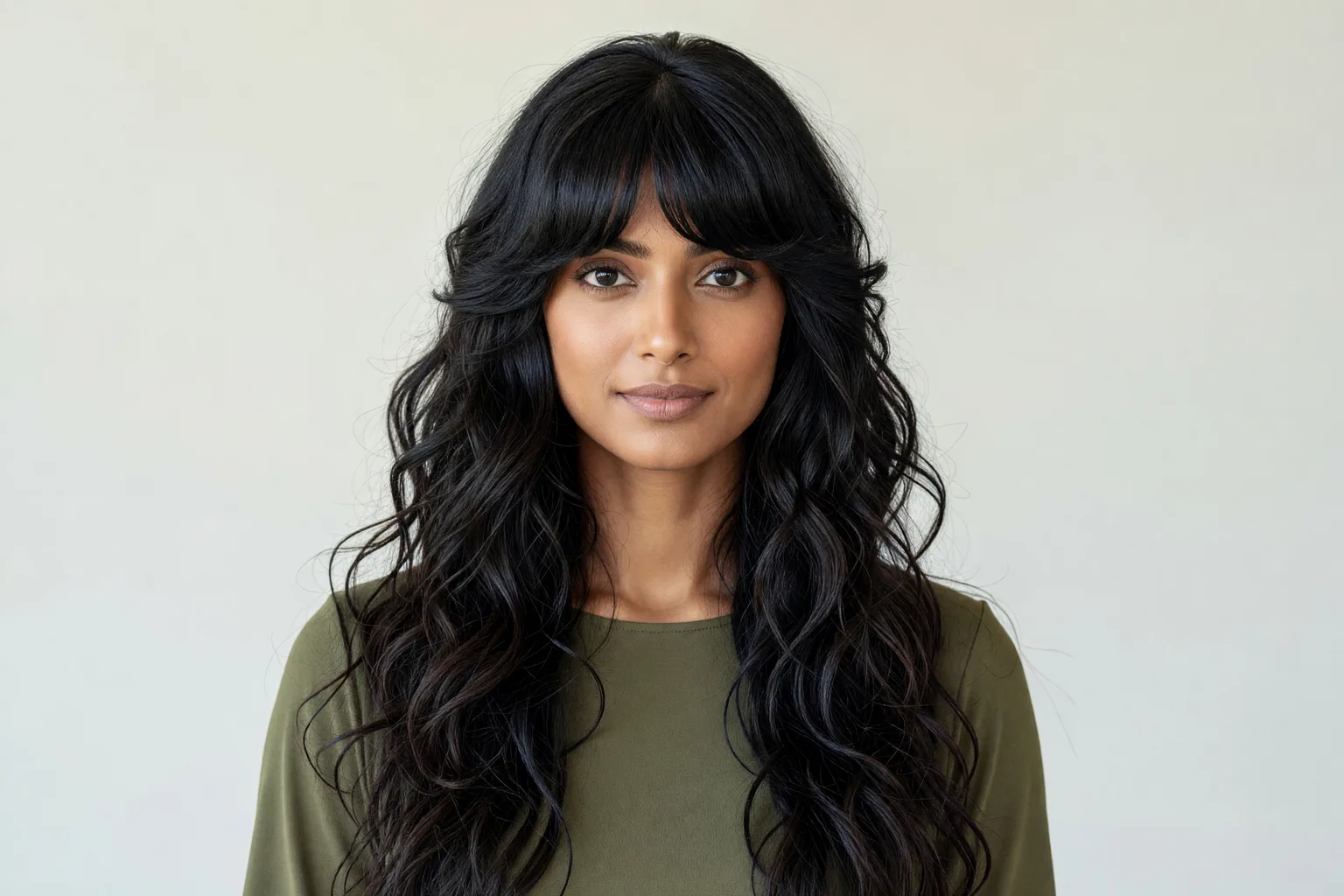Generated portrait of a woman around 28 with a long shag on thick wavy black hair