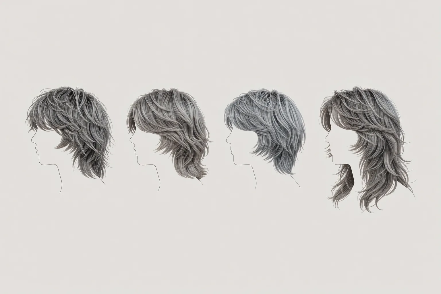 Generated illustration of four profile silhouettes showing classic, soft modern, short and long shag shapes