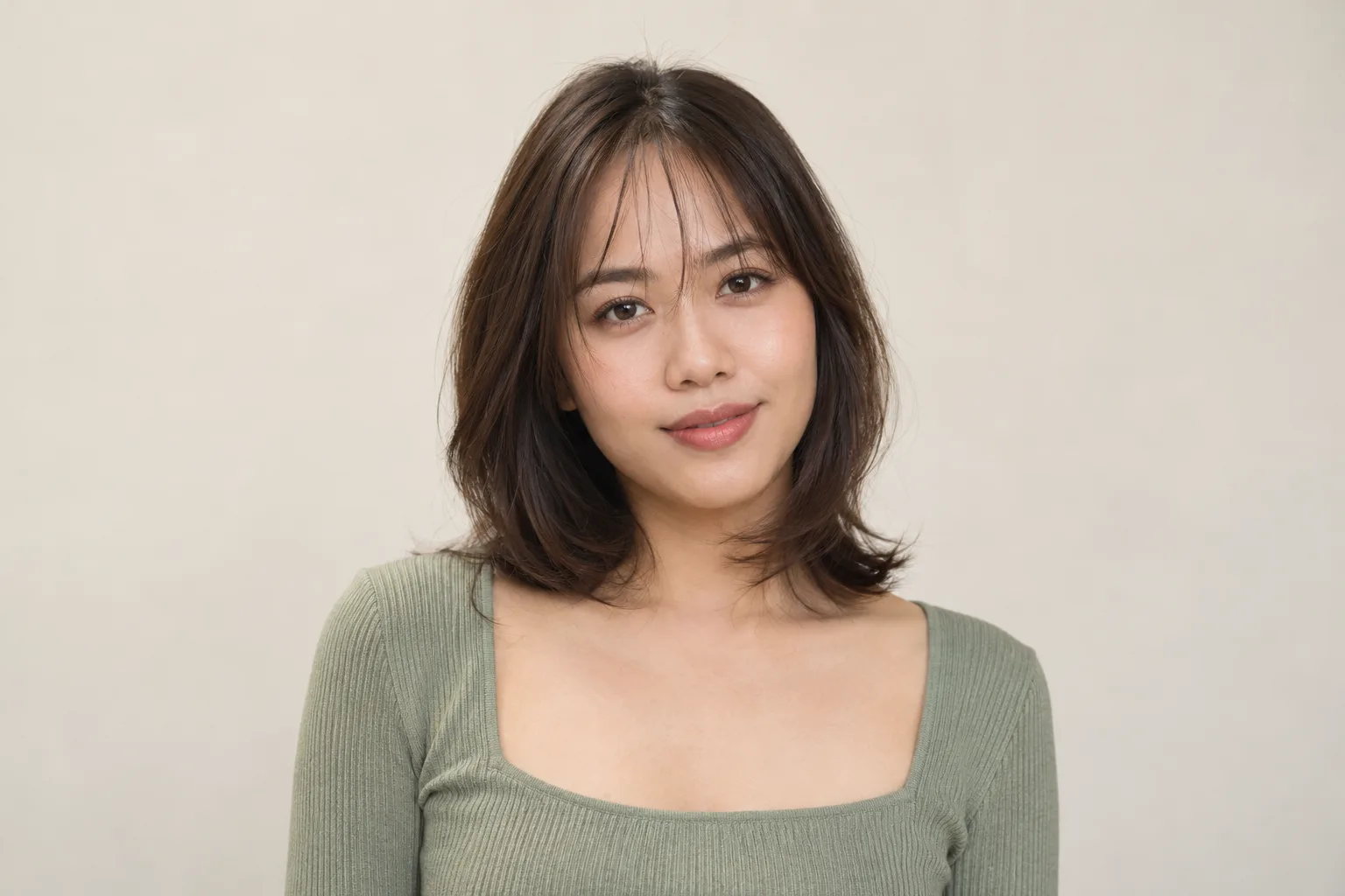 Airy separated wispy bangs showing forehead between the strands