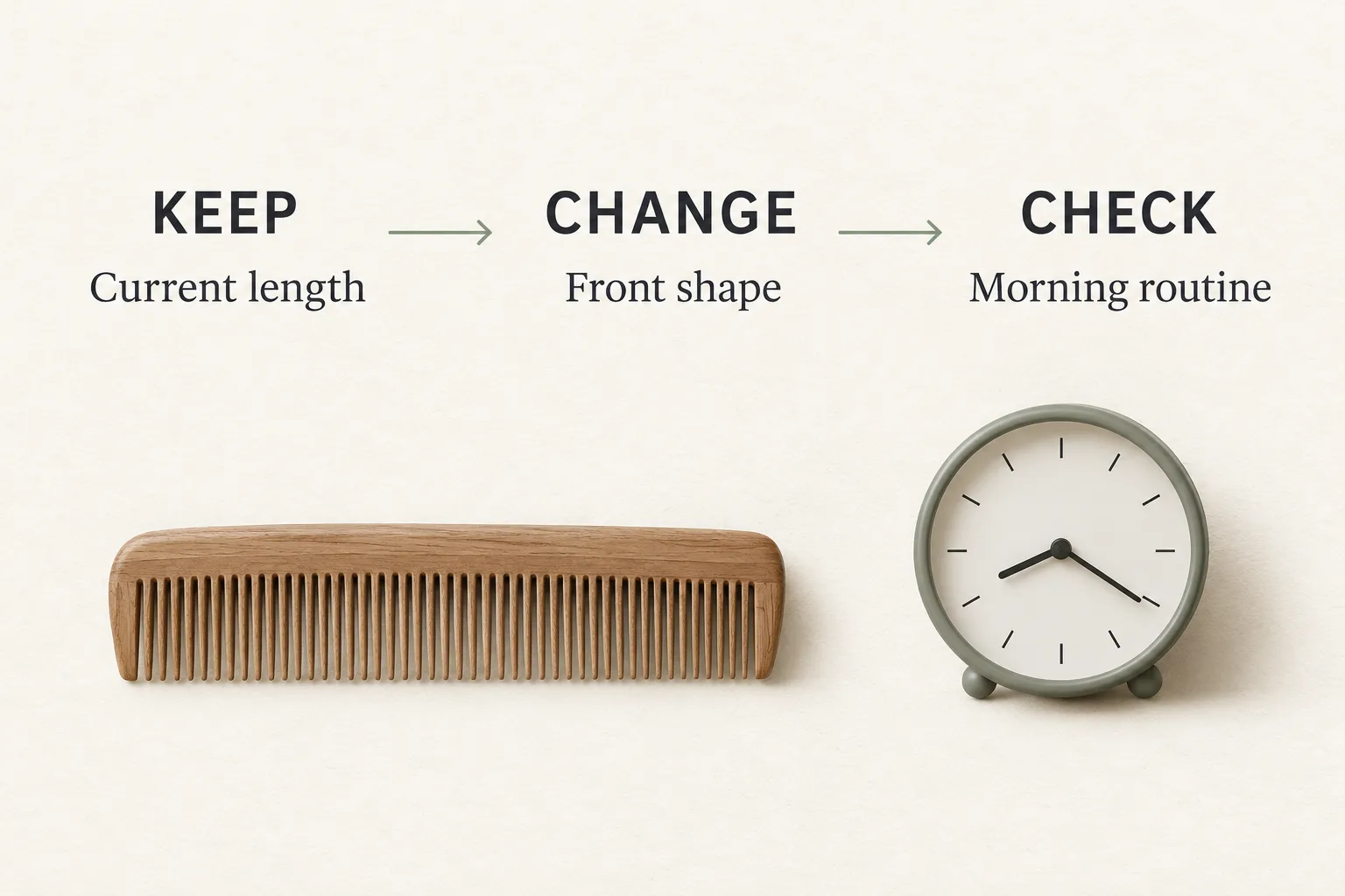 Keep, change and check worksheet naming current length, front shape and morning routine