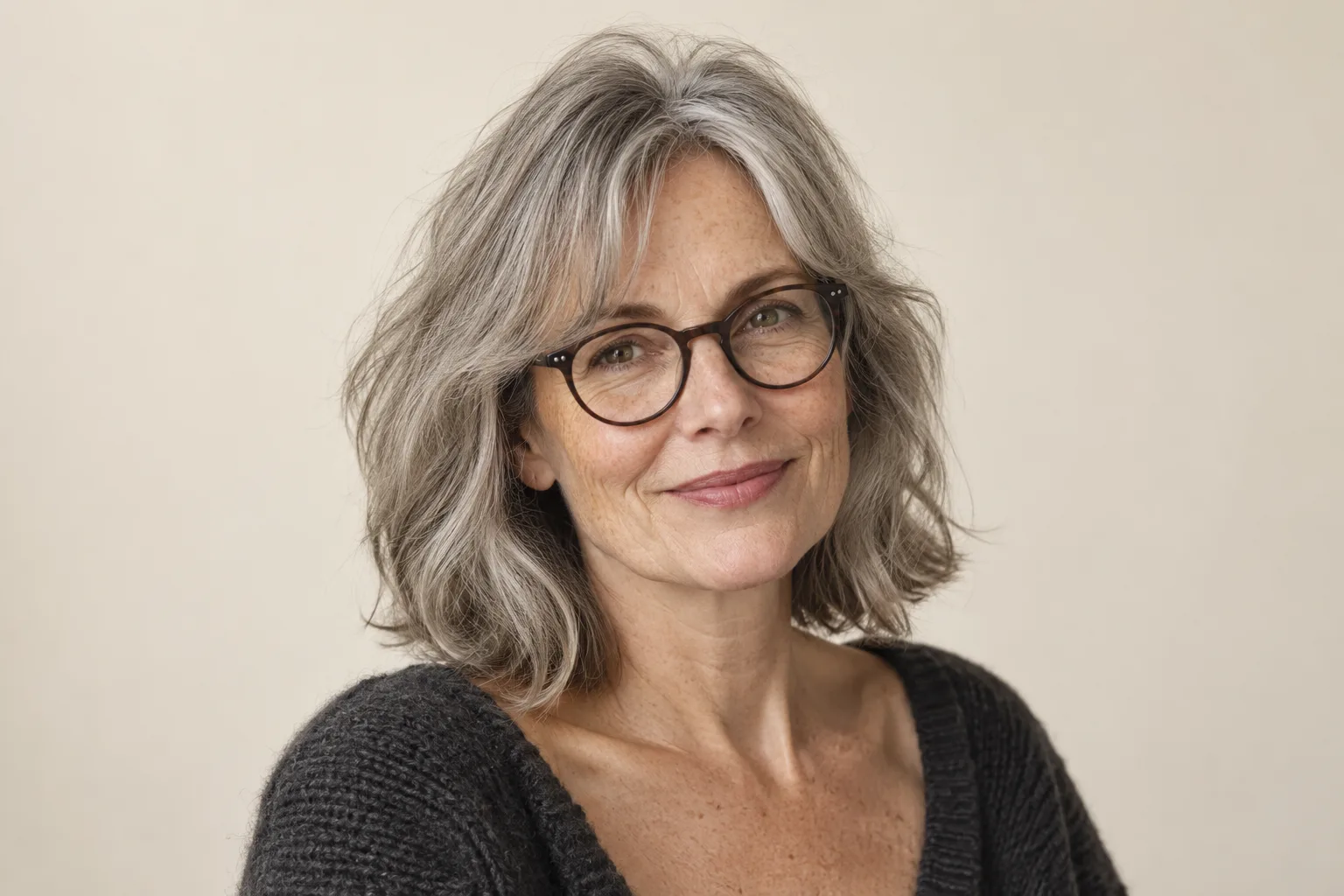 Gray fringe and glasses shown together with the eyes and frame clearly visible