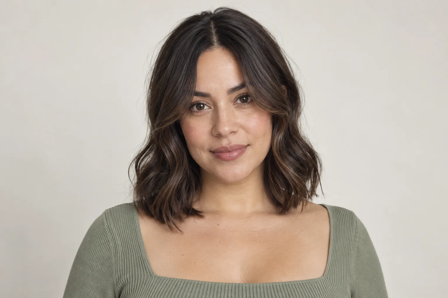 Longer curtain fringe opening in the middle over collarbone-length wavy hair